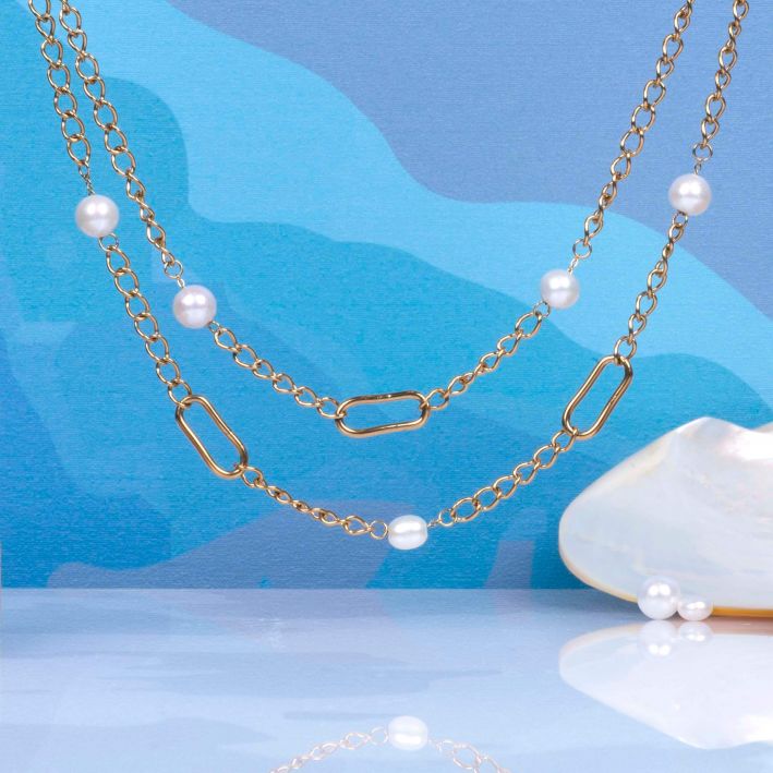 Collier Perles de culture sur double chaîne dorée  2