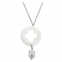 Collier pendentif trèfle de nacre et perle naturelle blanche