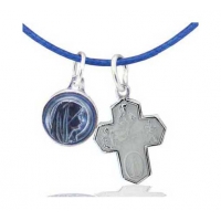 Collier bleu double médailles Sainte Marie miraculeuse