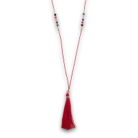Sautoir pompon rouge et perles de cristal facetées multicolores