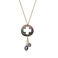 Collier pendentif trèfle de nacre noire et duo de véritable perle de culture noire et shamballa scintillante
