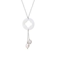 Collier pendentif trèfle de nacre et duo de véritable perle de culture blanche et shamballa scintillante