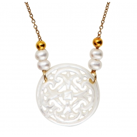 Collier filigrane croix de nacre blanche sur doré