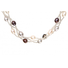 Collier 3 rangs perles de culture et de rocaille argentées