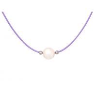 Collier une perle de culture blanche sur cordon parme