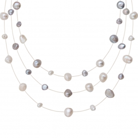 Collier 3 rangs perles baroques argentées sur fil transparent