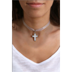 Collier pendentif Croix de nacre naturelle sertie sur ruban