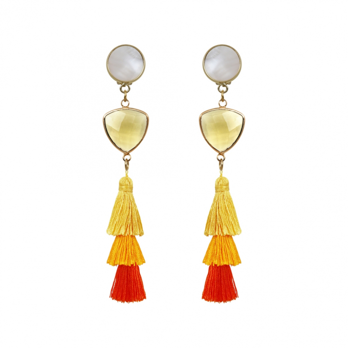 Boucles d'oreilles clip trio de pompons orangés et cristal