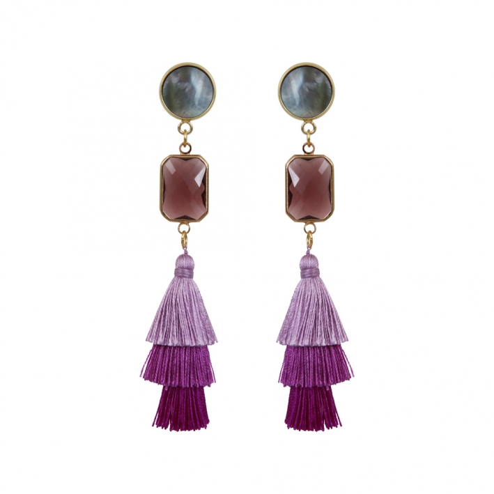 Boucles d'oreilles clip trio de pompons violets et cristal