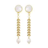 Boucles d'oreilles Clips longues lauriers dorés et perles blanches
