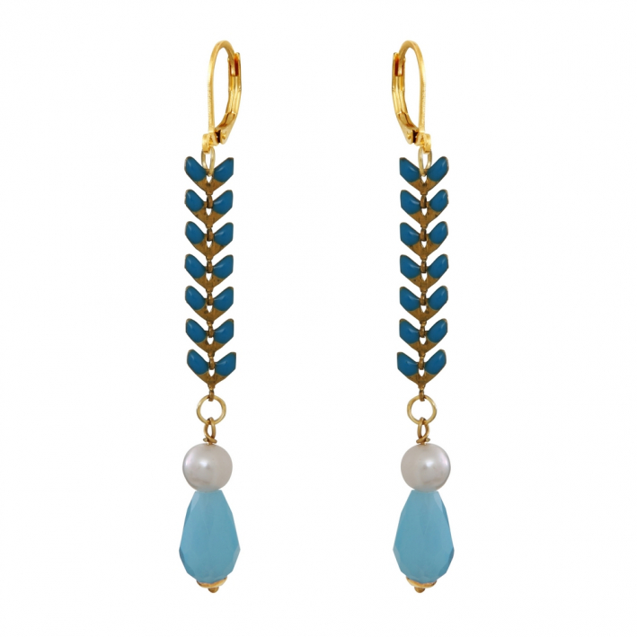 Boucles d'oreilles longues lauriers bleus et perles blanches