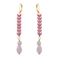 Boucles d'oreilles longues lauriers roses et perles blanches