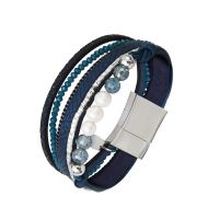Bracelet multi-rangs cuir bleus strass et perles