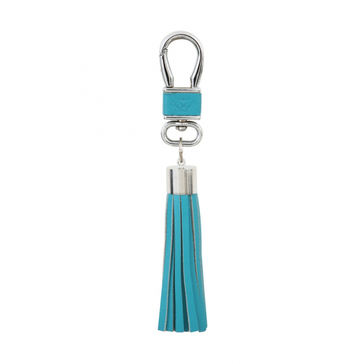Porte clés cuir et pompon turquoise