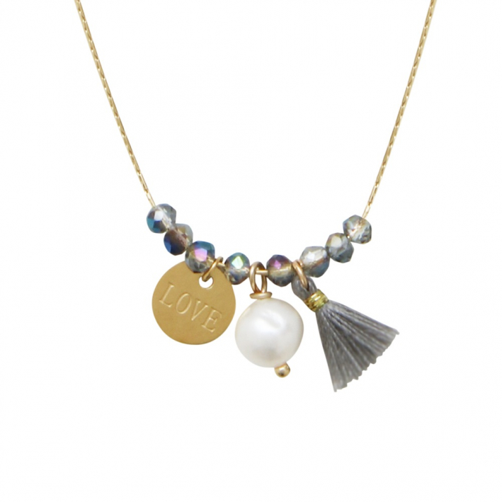 Collier perles cristal argenté et pampilles sur acier doré 2