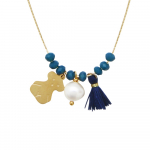 Collier perles cristal bleu saphir et pampilles nounours, pompon et perle de culture sur acier doré