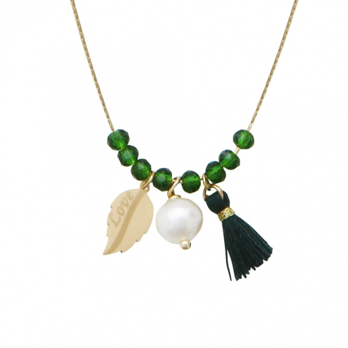 Collier perles cristal Vert Jade et pampilles LOVE, pompon et perle de culture sur acier doré