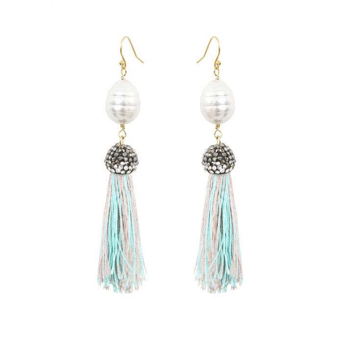 Boucles d'oreilles longues pompons turquoise, strass et perles 2