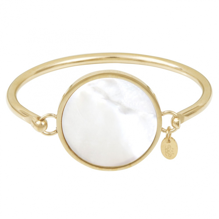 Bracelet jonc splendide médaille de nacre d'eau de mer sur acier doré 