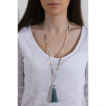 Sautoir pompon bleu petites perles blanches et cristal 