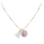 Collier perles de rocailles tons roses médaille nacre et pompon